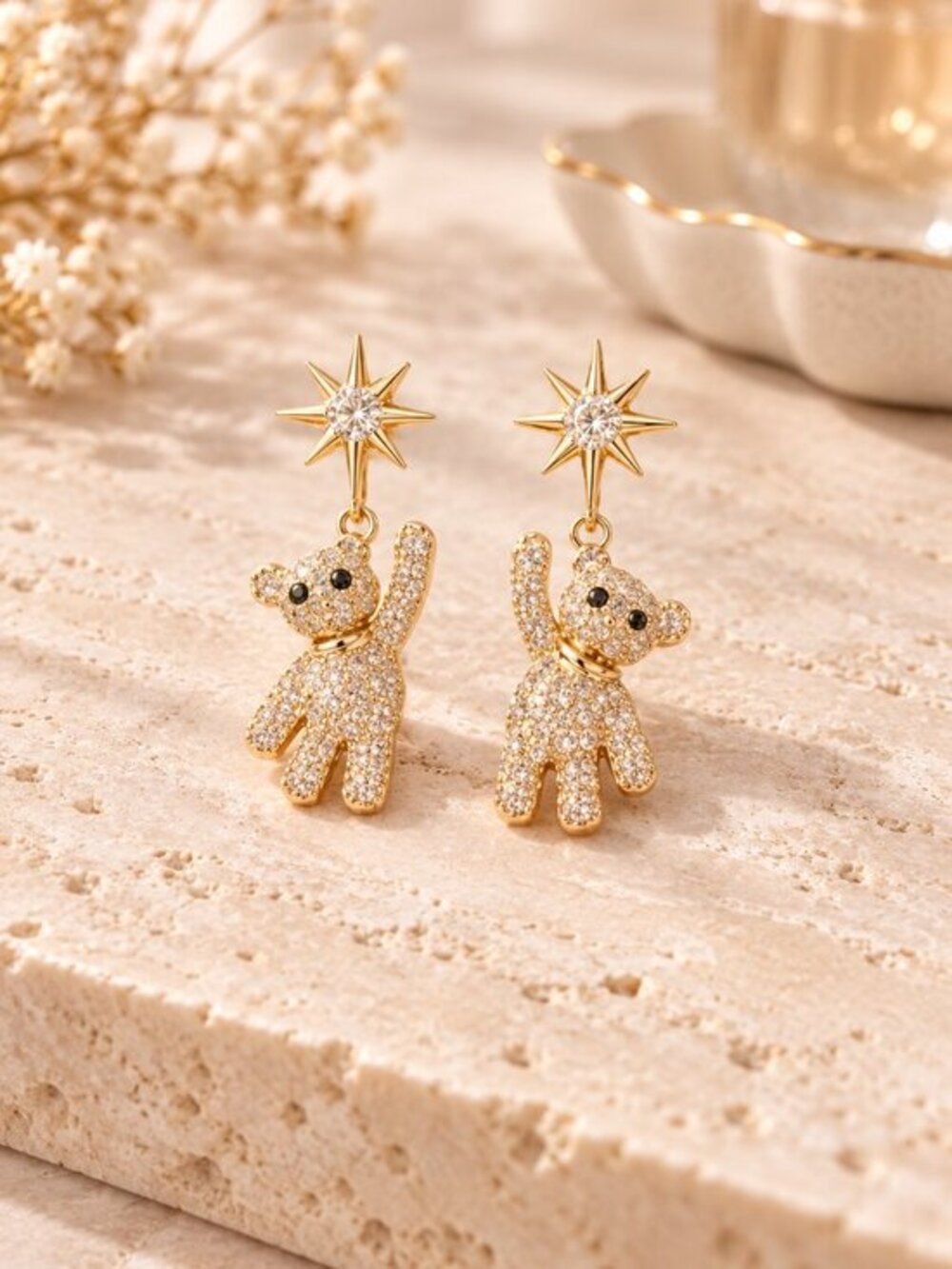 Gold Rhinestone Teddy Bear Starburst Drop Earrings Coquette Y2K NWT